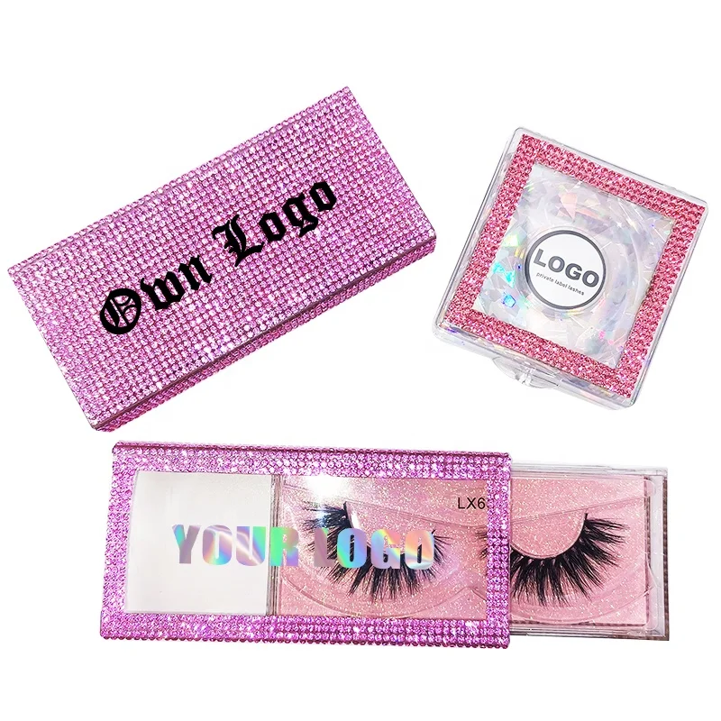 

Own Logo Red Pink Crystal Rectangle Square lash Case Empty luxury AB Rhinestone Bling slide drawer eyelash packaging box