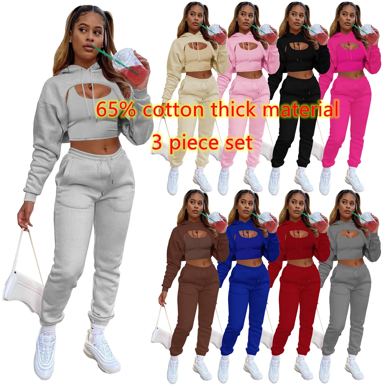 

COTTON Thick Tracksuit 3 Piece Set Women Clothes Tank Top Hoodie Jacket+ Drawstring Long Pants 2021 Jogger Sweat Suit Set Women