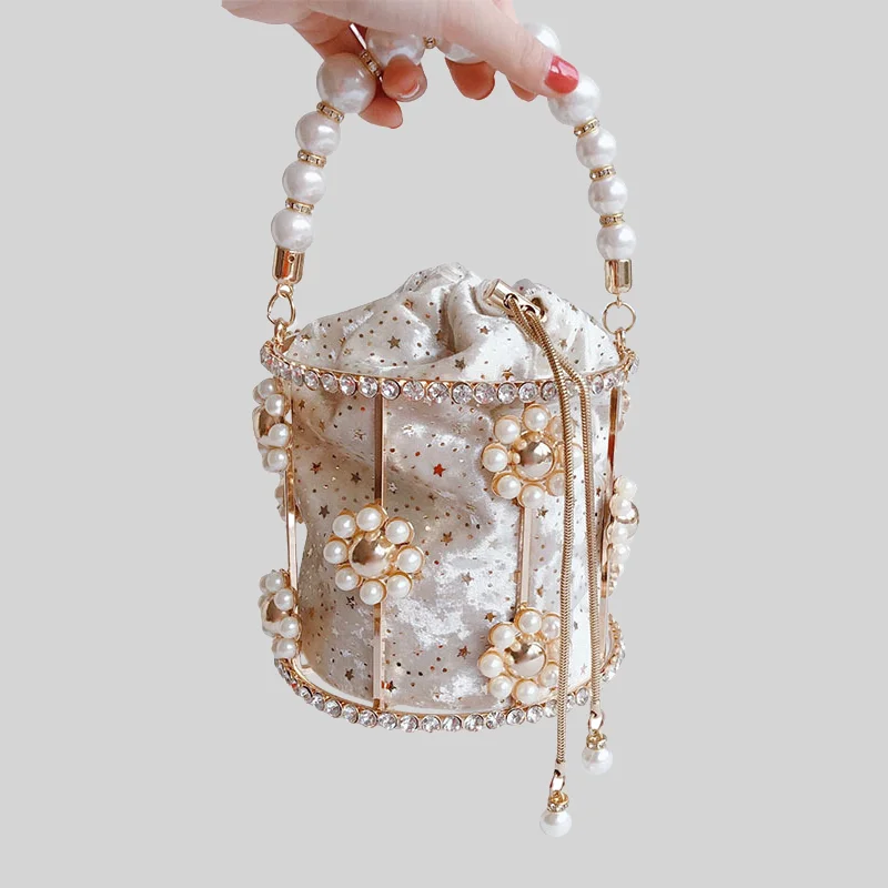 

2022 Luxury Womens rhinestone hand bags clutch bridal purse with pearls beads pearl evening bag, White