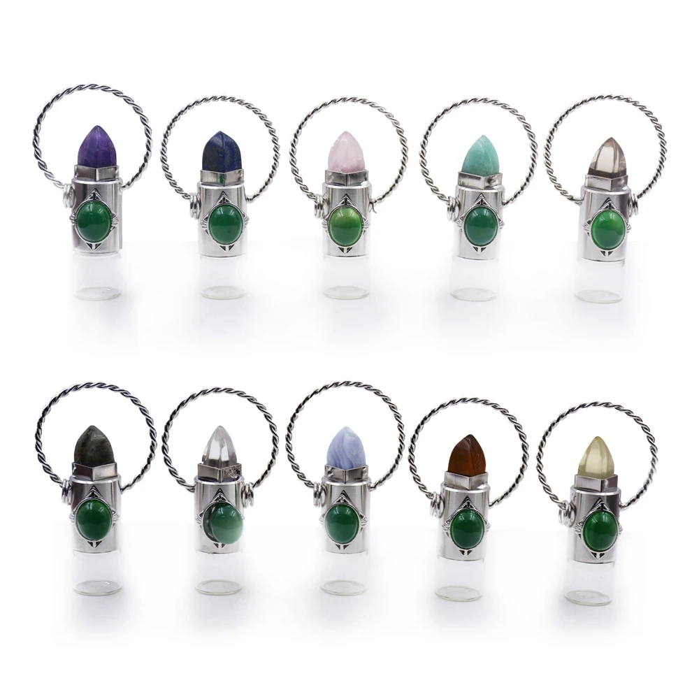 

Wholesale Natural handmade gemstone essencial oil glass vial bottle pendant hexagon Spirit healing stone roller bottle jewelry, Multi