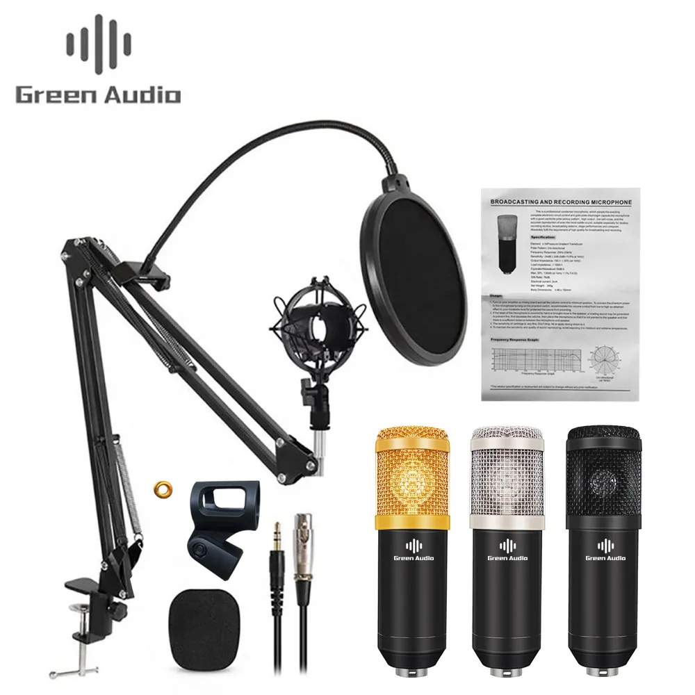 

BM-800 Green Audio Microphone Recording Dynamic Condenser Microphone with Shock Mount With Scissor Stand Filter, Silver,gold,black