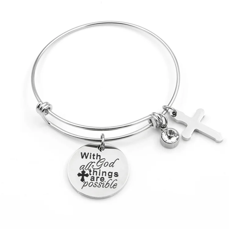 

Adjustable Cross Charm Stainless Steel Bangle Bracelet Letter Engraved Christian Inspirational Jewelry Women Gift, Steel color