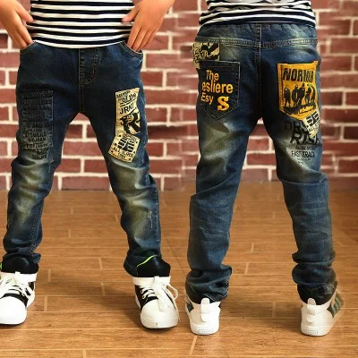 

fashion stylish loose letter printed elastic waist kids boy jeans pants design, Pic shows