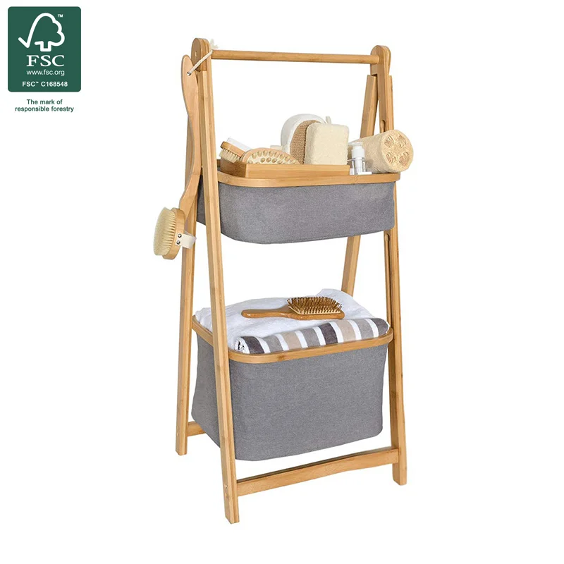 

Factory direct sale bamboo cloth storage A-frame 2 layer bamboo wood bathroom shelf