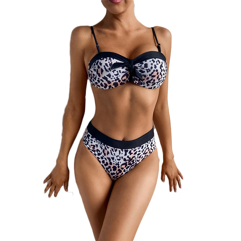 

custom logo label tag Amazon 2021 high waisted Leopard Swimsuit bikini set