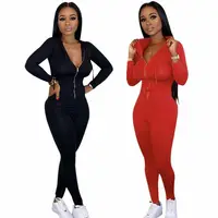 

1119M369 new stylish long zipper front hooded full length Long Sleeve Solid Color Trendy Jumpsuit women jumpsuit 2020