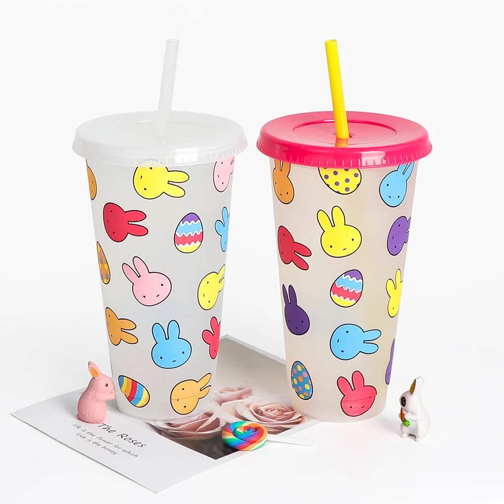 

Tumblers 24oz coffee reusable juice water pp color changing plastic cup easter mug with lid straw, Customized color plastic pp cup