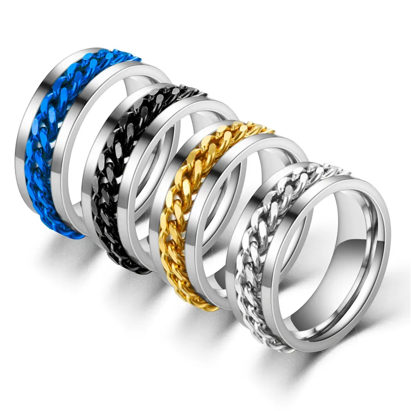 

Titanium Steel Rotatable Chain Ring Punk Rock Tire Texture Link Spinner Ring For Men Jewelry Gift Bottle Opener Ring, 6 colors available