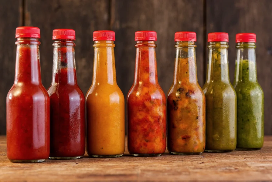Various types of pepper sauces arranged on wooden table showing different colors and bottle styles