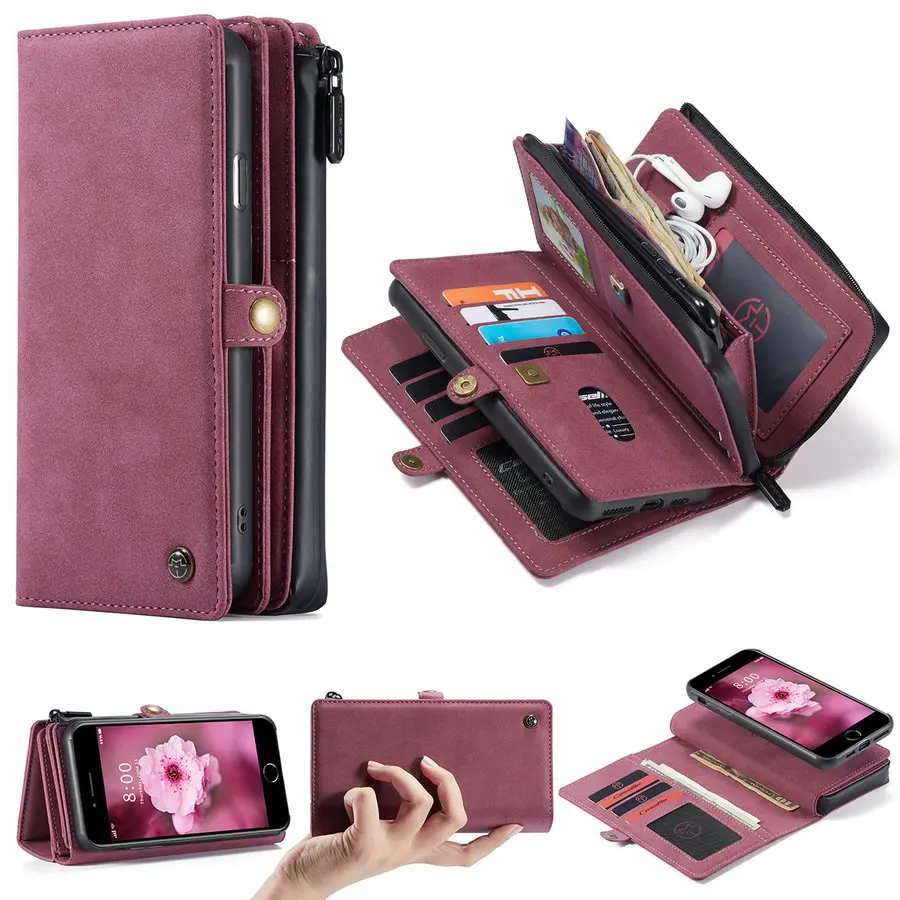 

CaseMe Multifunction Luxury PU Flip Leather For Iphone 8 Slim Cover Cards Slot Cash Pocket Wallet Case For Iphone 8 plus, Black brown red blue