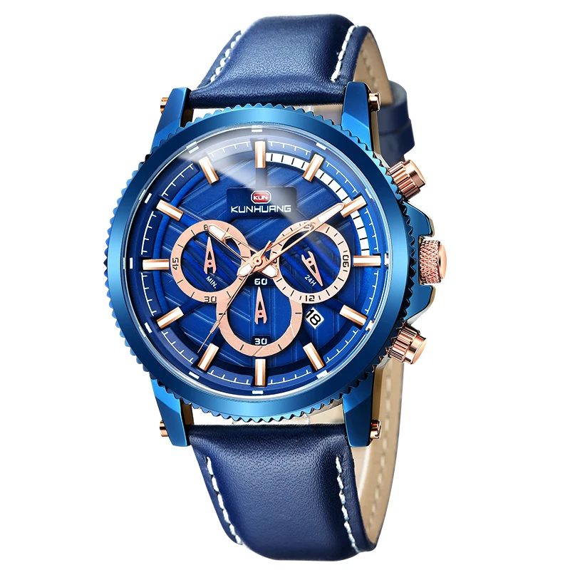 

newest fashion quartz men watches for men stopwatch genuine leather strap, Blue/black/brown