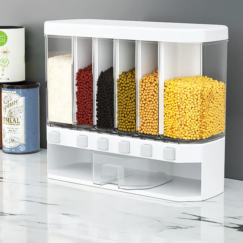 

Plastic Cereal Dispenser Storage Box Kitchen Accessories Dampproof Wall Mounted Food Grain Rice Storage Container with Cover, White