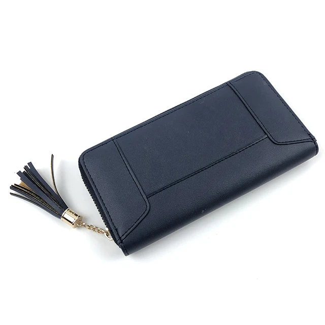 

AIZHU ODM Custom Made New Design PU Leather Small Purse Tassel Zipper Simple Blue wallets Long Women Wallet For Ladies Women