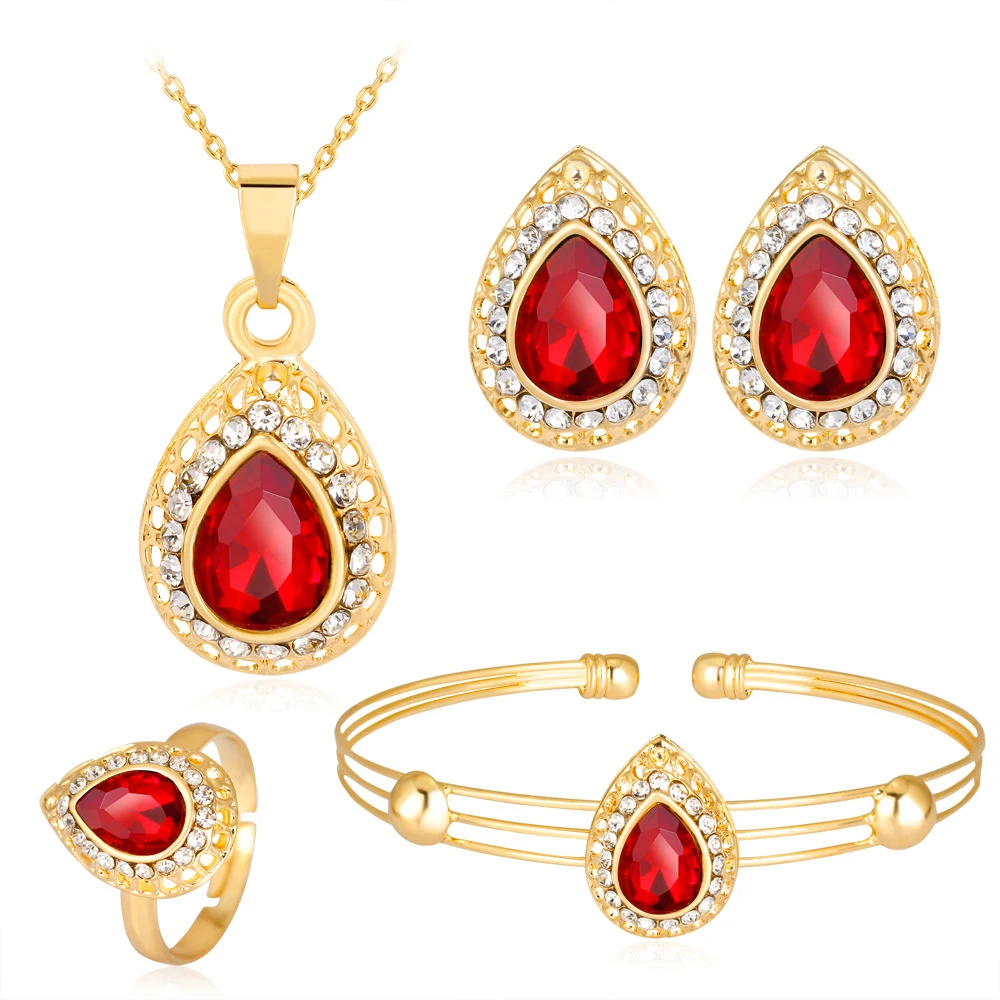 

Fashion African Water Drop 3 Colors Crystal Pendant Necklace Earrings Ring Bracelet Women Jewelry Sets