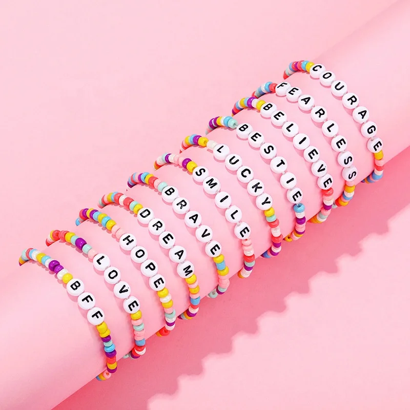 

Hot selling fashion diy jewelry women kids colorful seed beads English letter charm bracelets sweet simple stackable bracelet