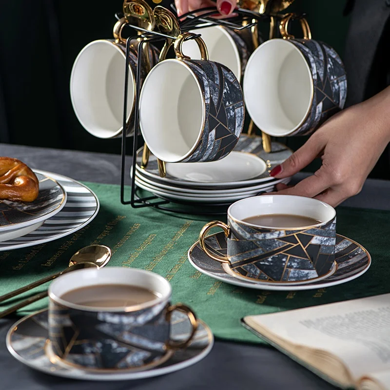 

diamond pattern coffee cup European style set with gold edge English tea ceramic cup saucer mixing household, Blue