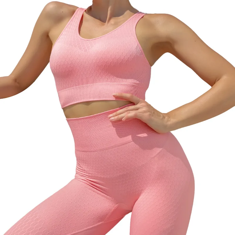 

Honeycomb pattern seamless yoga wear women ladies bodybuilding vest two-piece hip-lifting legging