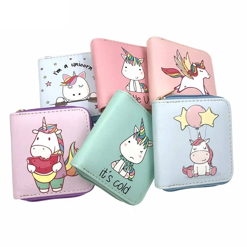 

Custom macaron color cute Unicorn PU leather wallet cheapest student ladies wallet purse for women card bag