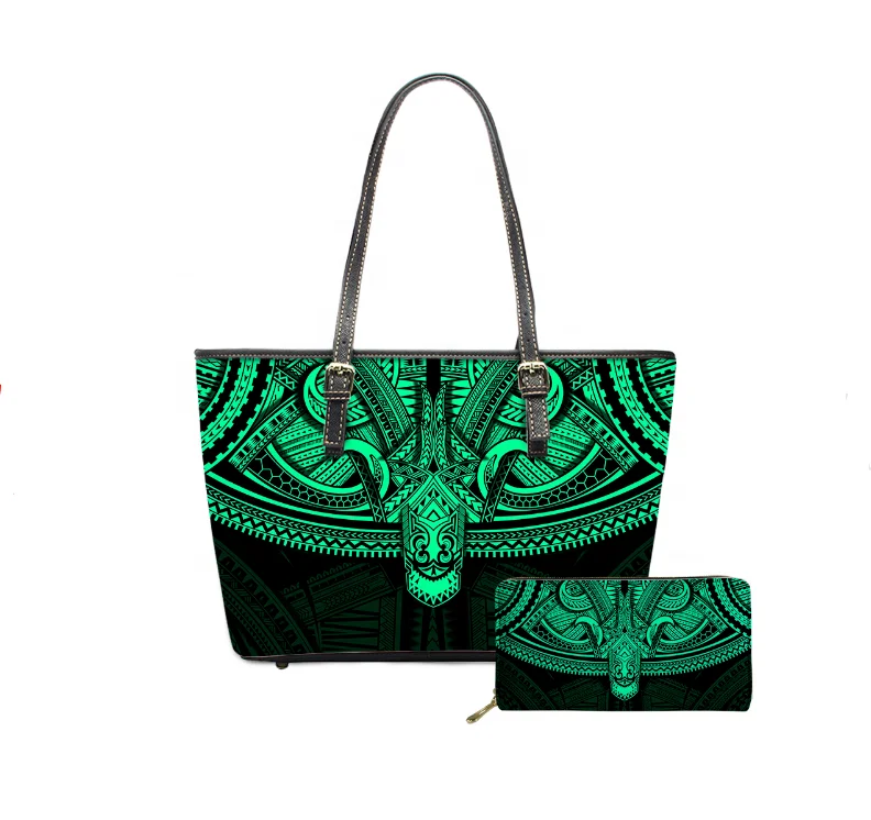 

Green Polynesian Print 2021 Women's Handbag Luxury Large Handbags In Bulk Customized Capacity Women Elegant Leather Handbags