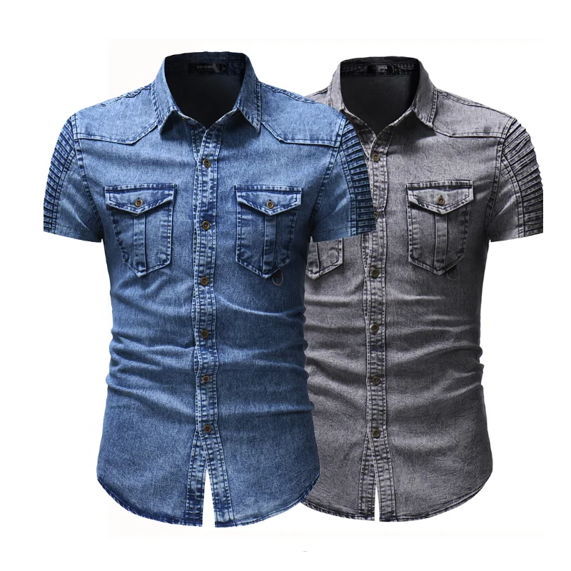 

2022 cowboy style short sleeve jean shirts slim fit cotton men's shirts, Blue, gray