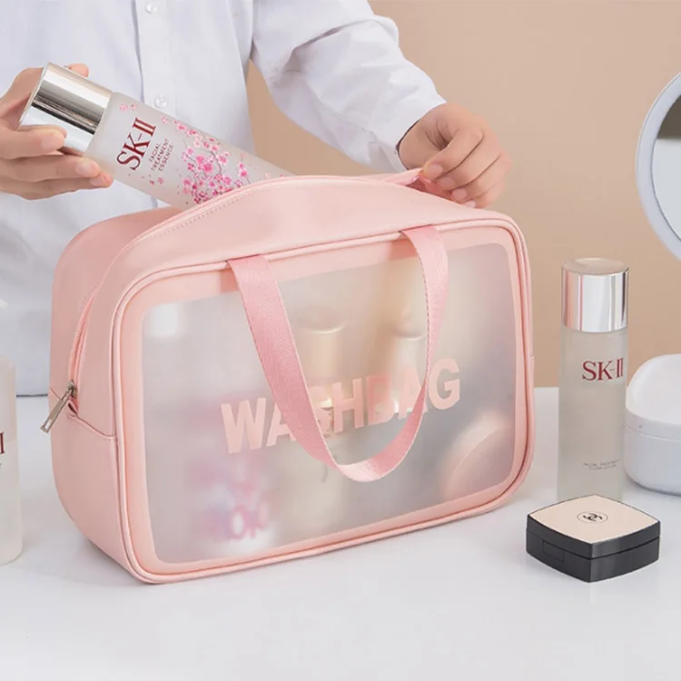 

Ready to Ship Custom logo eco friendly pink white black pu leather clear makeup bag small medium big zipper travel cosmetic bag, Pink white black or customized color