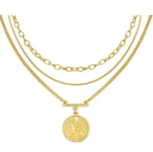 

Layered Gold Plated Necklace Pendant Coin Medal Necklace for Women