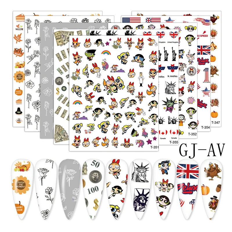 

3D Fashion Nail Sticker Cartoon Turkey Flower Nail Sticker Suppliers, 9 designs