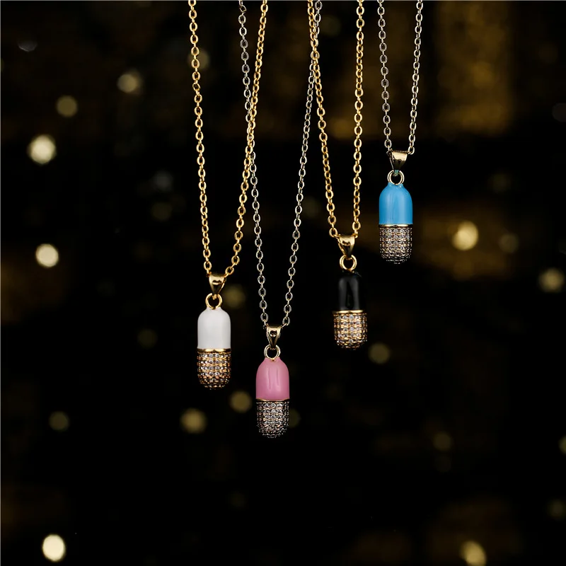 

Newest Design 18k Gold Plated Colorful Oil Drip Capsule Pendant Necklaces Geometric Cylinder Pill Enamel Necklaces