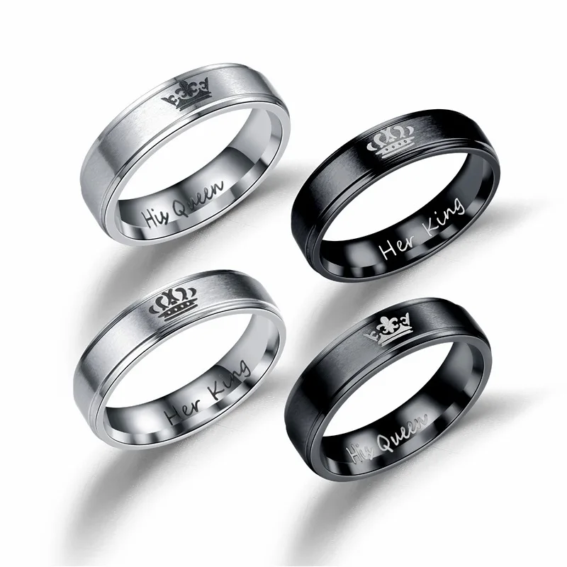 

Hot Sale Letter Her King And His Queen Stainless Steel Couple Rings Black And Silver For Men and Women