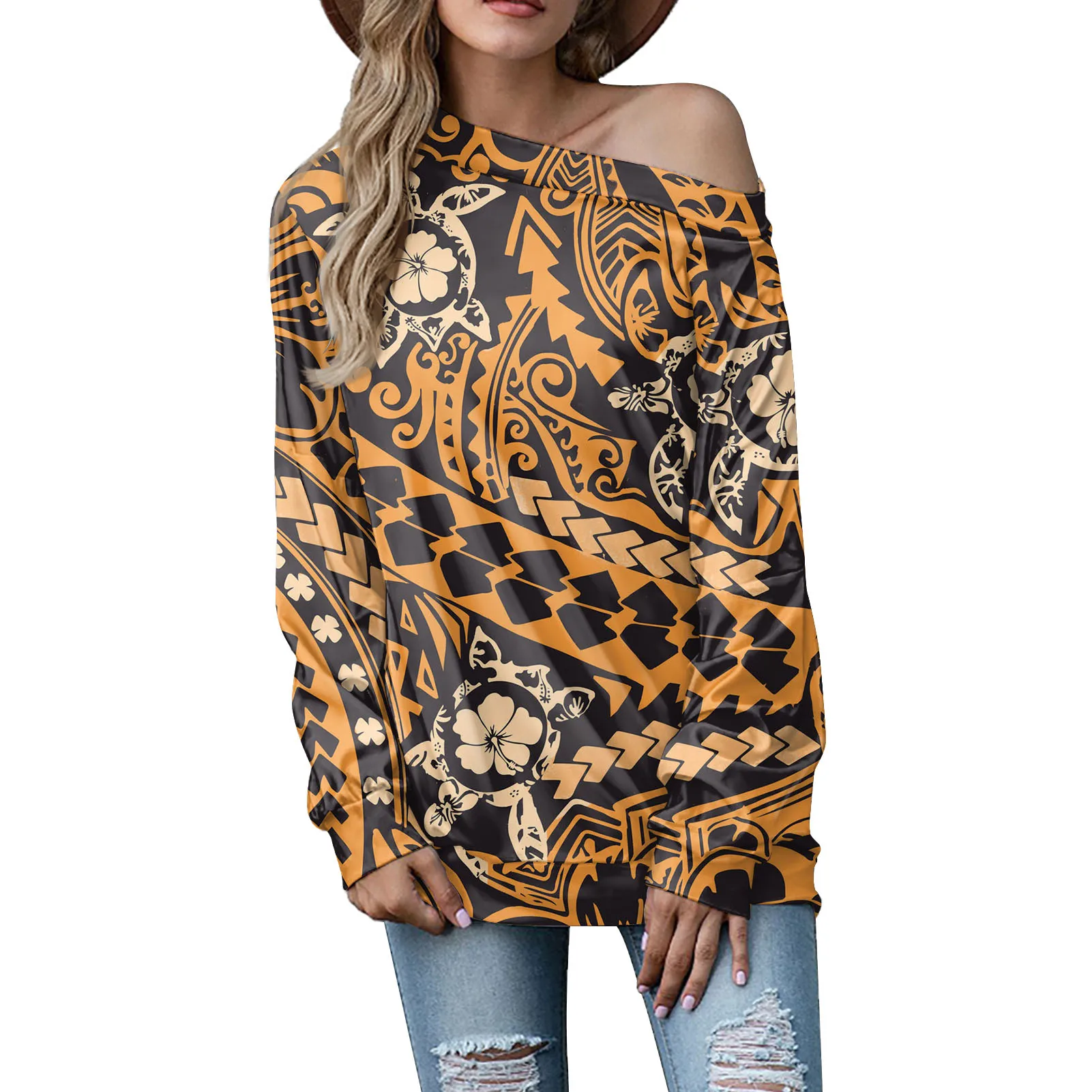 

Somoa Hawaiian Yellow Stripe Print Ladies' Blouses Plus Size Tops Long Sleeve Off Shoulder Tops Women Chiffon Polynesian Shirts, Customized color
