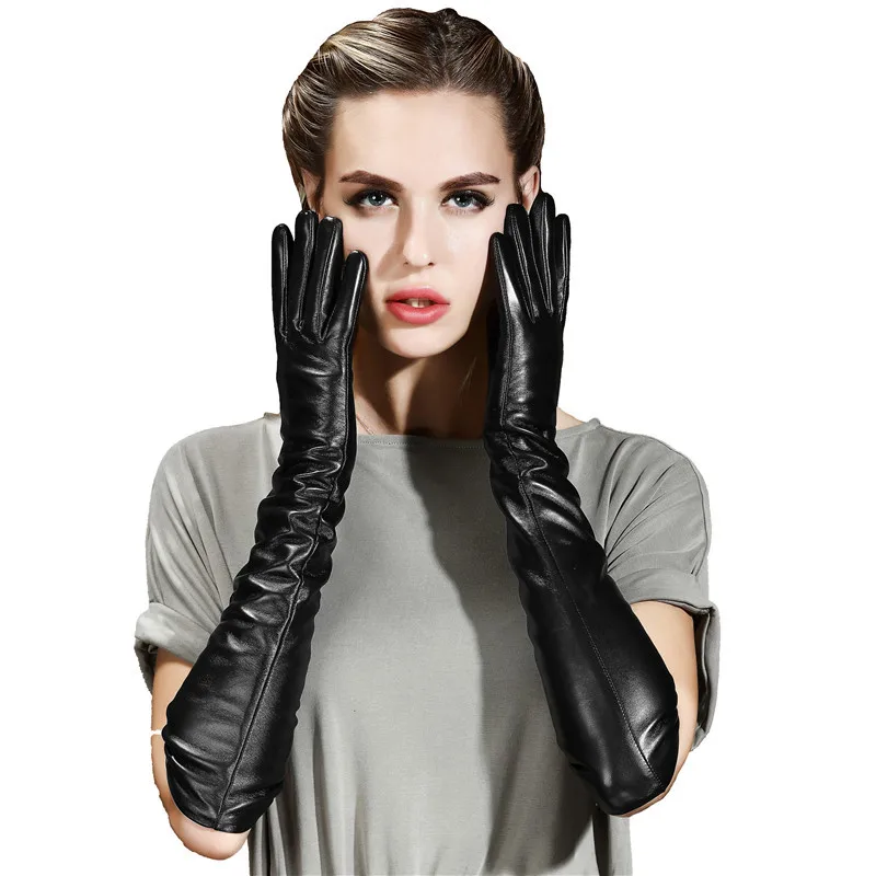 

50cm plus long over elbow women sheepskin gloves leather sleeve winter warm women touch screen arm leather hand gloves