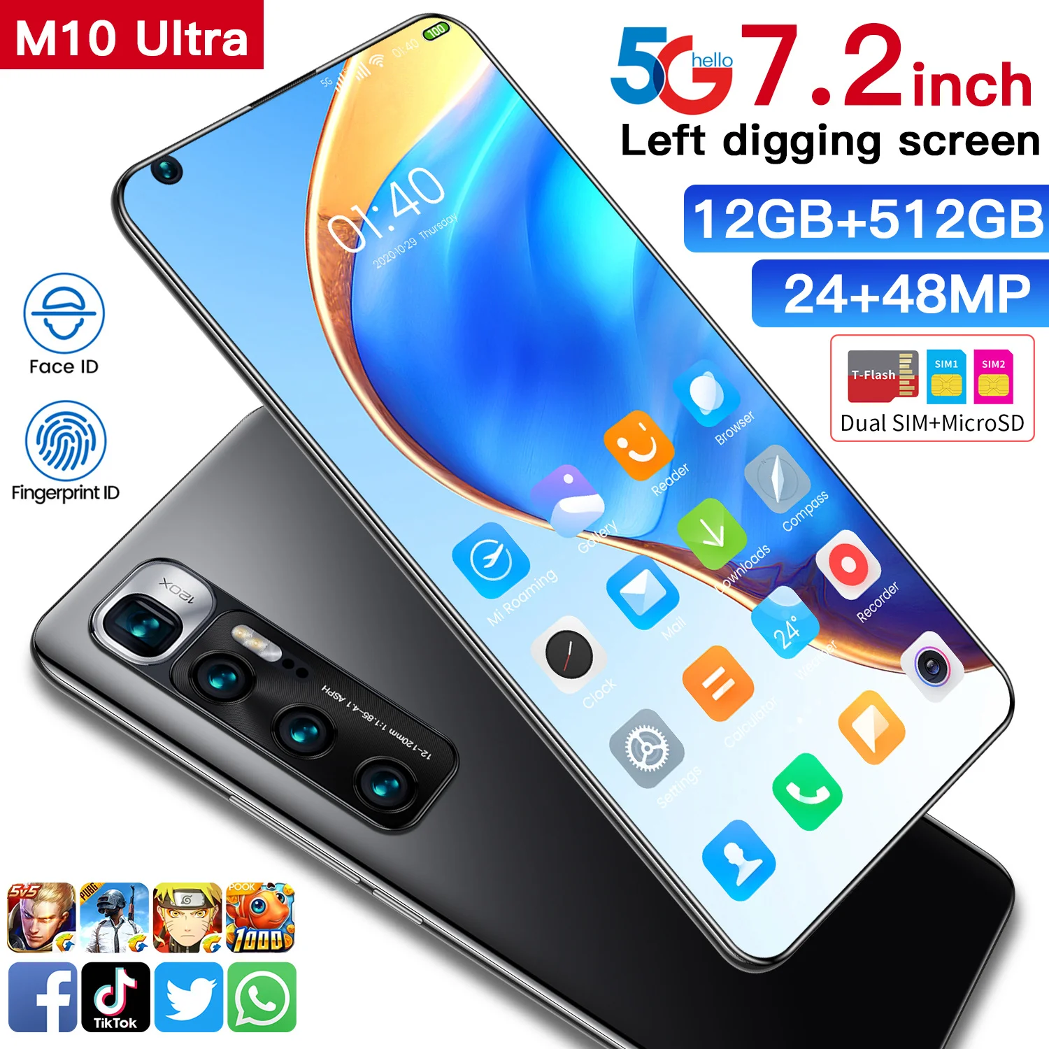 

Hotsale 7.2inch M10 U Smartphone 12GB+512GB Full Screen Mobile Phone Finger/Face Unclock Cellphone