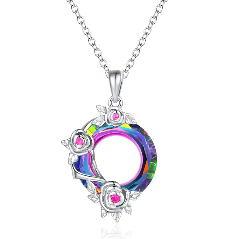 

New design Necklace 925 sterling silver Round shape Rose pattern Luxury Austrian crystal fine Women jewelry necklace for Gift