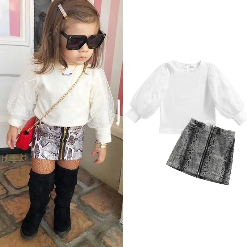 

5596 Fall Baby Girl Clothes Kids Long Lace Puff Sleeve Pullover Tops + Fashion Snake Print Mini Children's Spring Outfits Sets