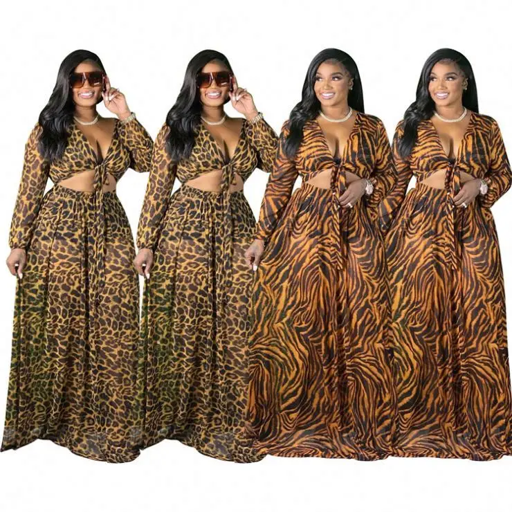 

TINA New Style Leopard Print Sexy Long Sleeve Two Piece Skirt Set Women Clothing Plus Size 2 Piece Sets