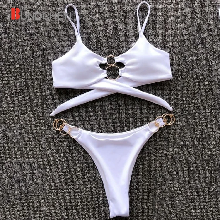 2021 White Thong Bikini Two Piece Golden Ring Hollow Out Swimwear Women String Extreme Micro