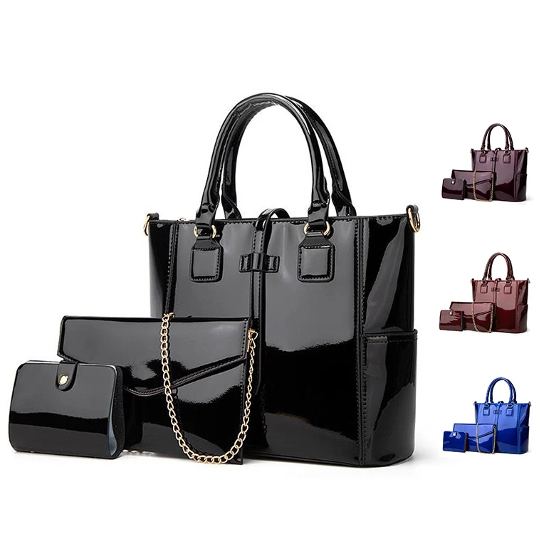 

Wholesale High Quality Women Blue Black Glitter Leather Crossbody Lady Shoulder Hand Tote Bags Set, 4 colors in storage and custom color is workable