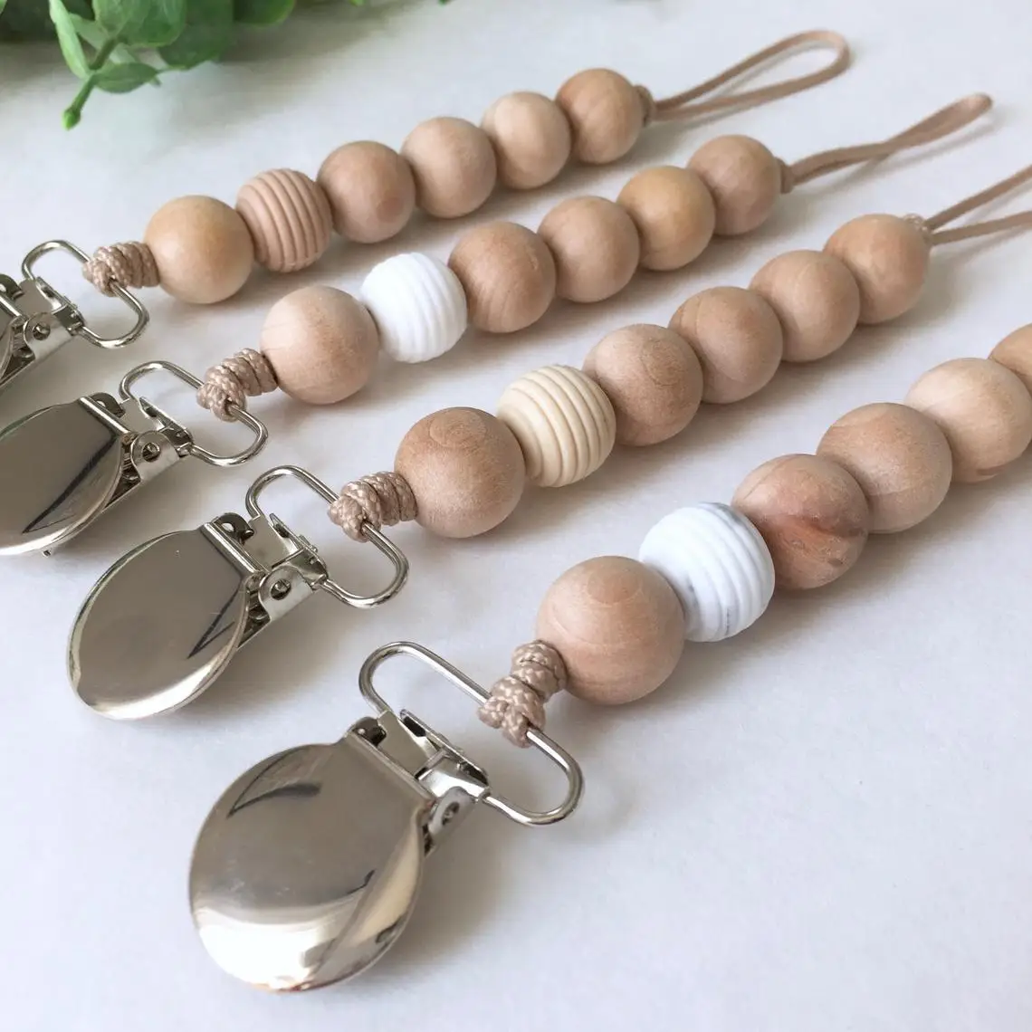 

Infant Nursing Teething Toy Wooden Beads Metal Pacifier Holder