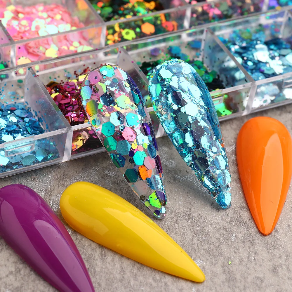 

12 Grid Laser Irregular Hexagon Nail Art Decorations Glitter Nail Art Chameleon 3D DIY Nail Art Salon Tool For Beauty, Coloful nail painting