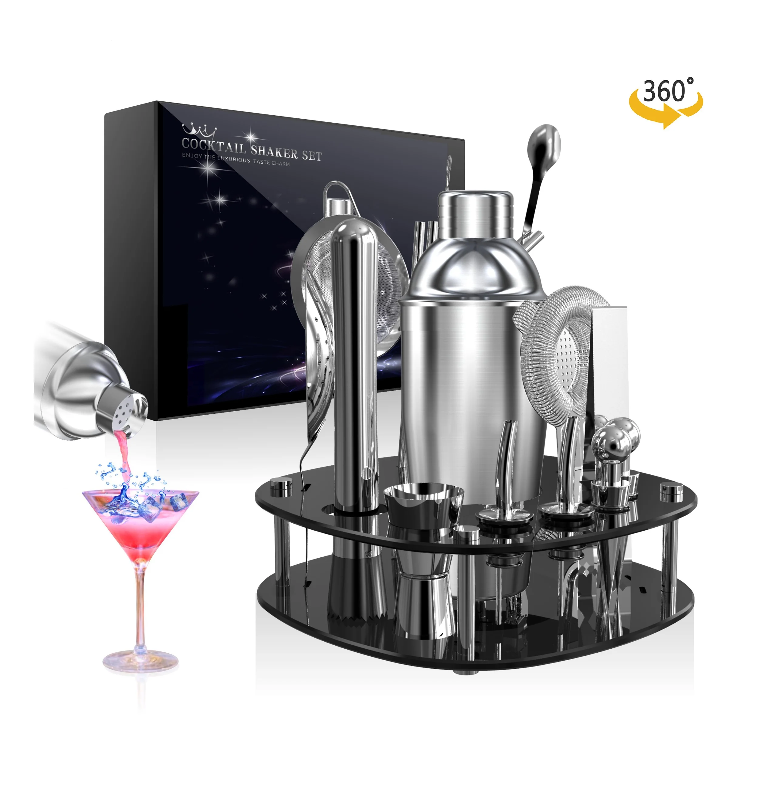

New design 25oz Stainless Steel 20 Pcs kit bartender cocktail shaker set with 360 Rotating Stand,Hot sale for Amazon Ebay, Silver