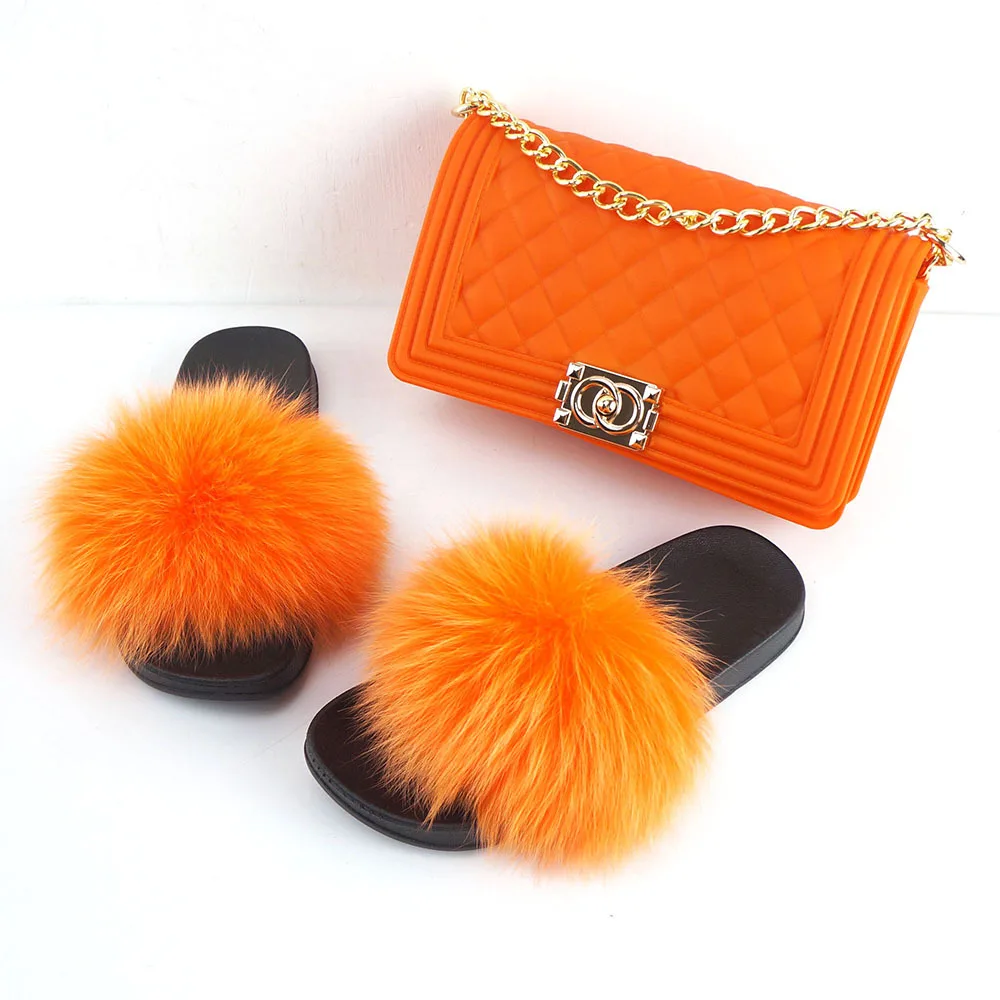 

Wholesale fur slippers purse sets custom colorful real raccoon fur sandals fanny pack jelly bag fox fur slides for women, Any color