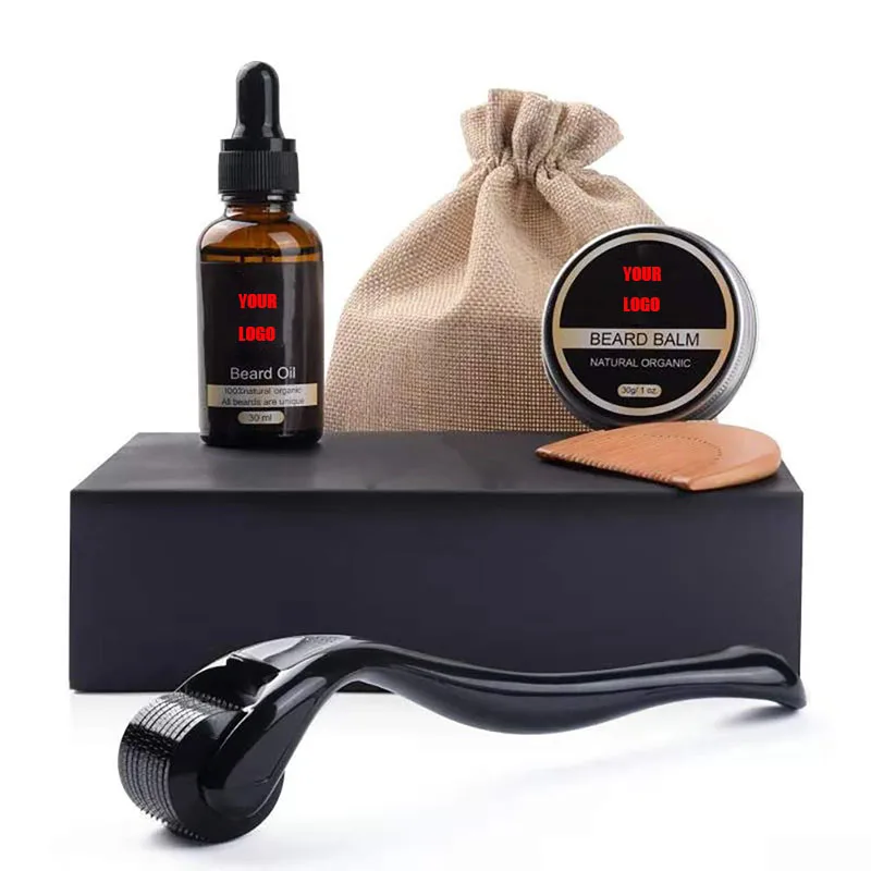 

OEM Organic Derma Roller Beard Growth Kit with Facial Hair Beard Growth Oil Balm Wax Comb