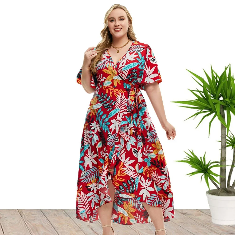 

2023 Summer sexy women clothing vestidos v-neck slit floral casual dress Loose plus size women's dresses