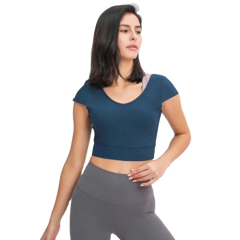 

2021NEW HOT European American New V-shaped Cross Beauty Back Yoga Wear Sports Running Fitness T-shirt Top Fitness Short Sleeve, Customized colors