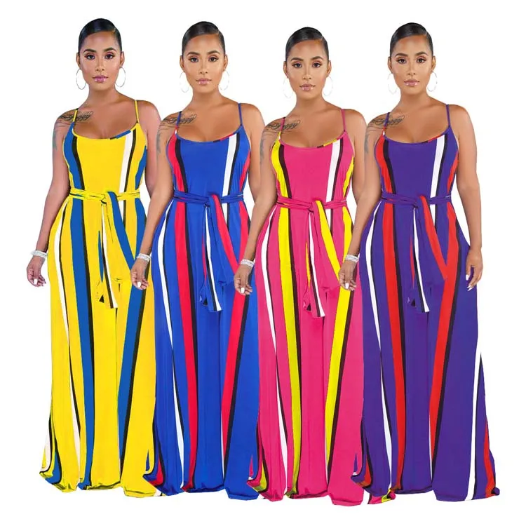

2021 Fashion Custom Women's Sleeveless strap loose long dress printed stripe summer beach floor dress for women