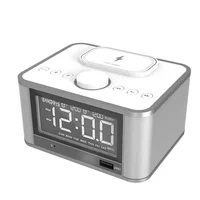 

Amazon new arrival FM Radio digital Alarm Clock with wireless Charger modern style bluetooth music speaker desktop table clock