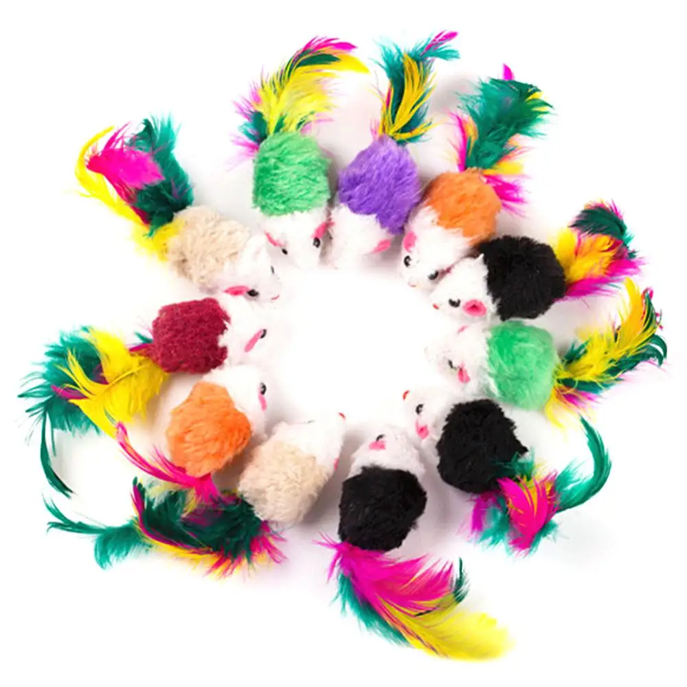 

1pcs 10pcs Funny Toys For Cats Cat Toys False Mouse Pet With Colorful Feather Plush Mini Mouse Toys, As photo