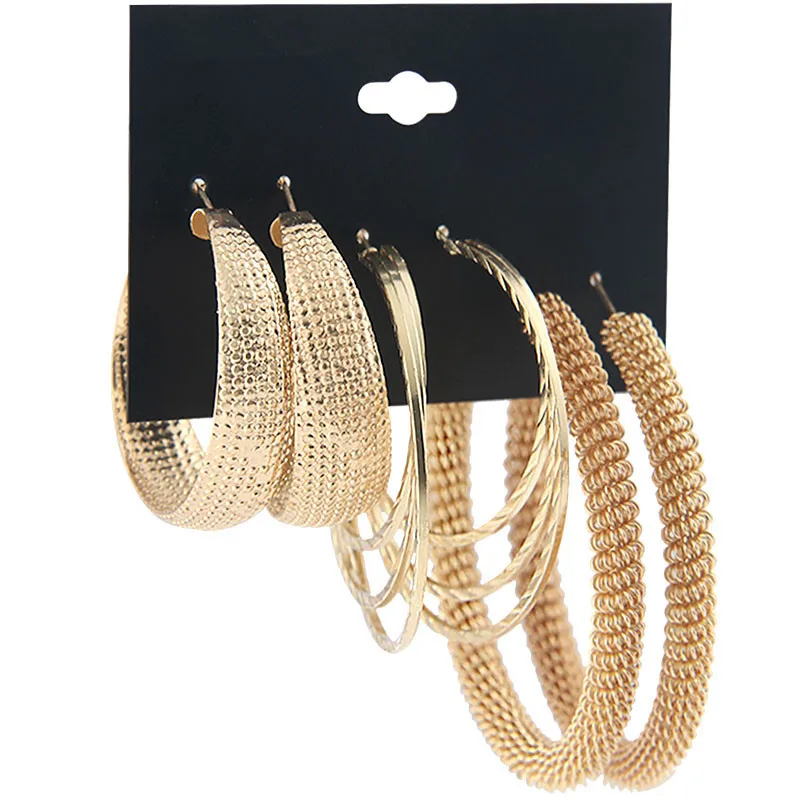 

3 Pairs European Exaggerated Chunky Big Hoop Earrings Set 14k Golden Spring Stud Earrings Jewelry for Women