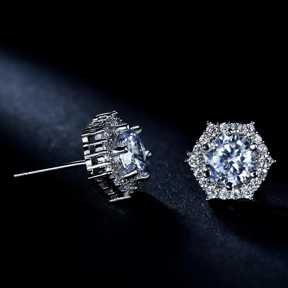 Luxury Female Crystal White Zircon Stud Earrings Simple 925 Sterling Silver Hexagon Earrings For Women Vintage Double Earrings