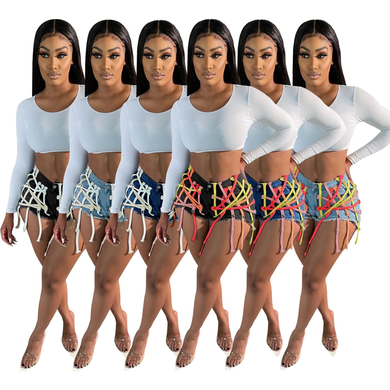 

Fashion Lace Up Pants Ladies String Denim High Waist Street Wearing Tassel Jeans Denim Trousers Shorts Summer Women Clothing, Customized